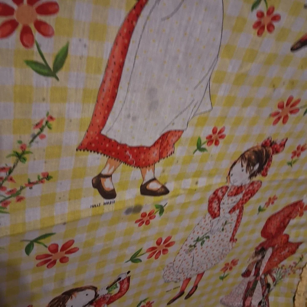 Vintage 1970's Holly Hobbie Thin Style Bedspread Twin Cottagecore Yellow Red AOP